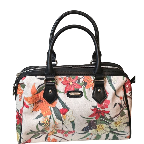 David Jones Floral Satchel Bag Black Trim Canvas Handbag - Picture 3 of 3